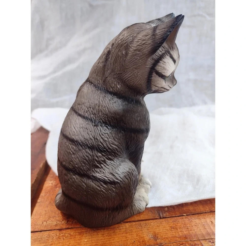 Vintage Ceramic Grey Tabby Cat and Kitten Figurine Set‎ Hand Painted Green Eyes